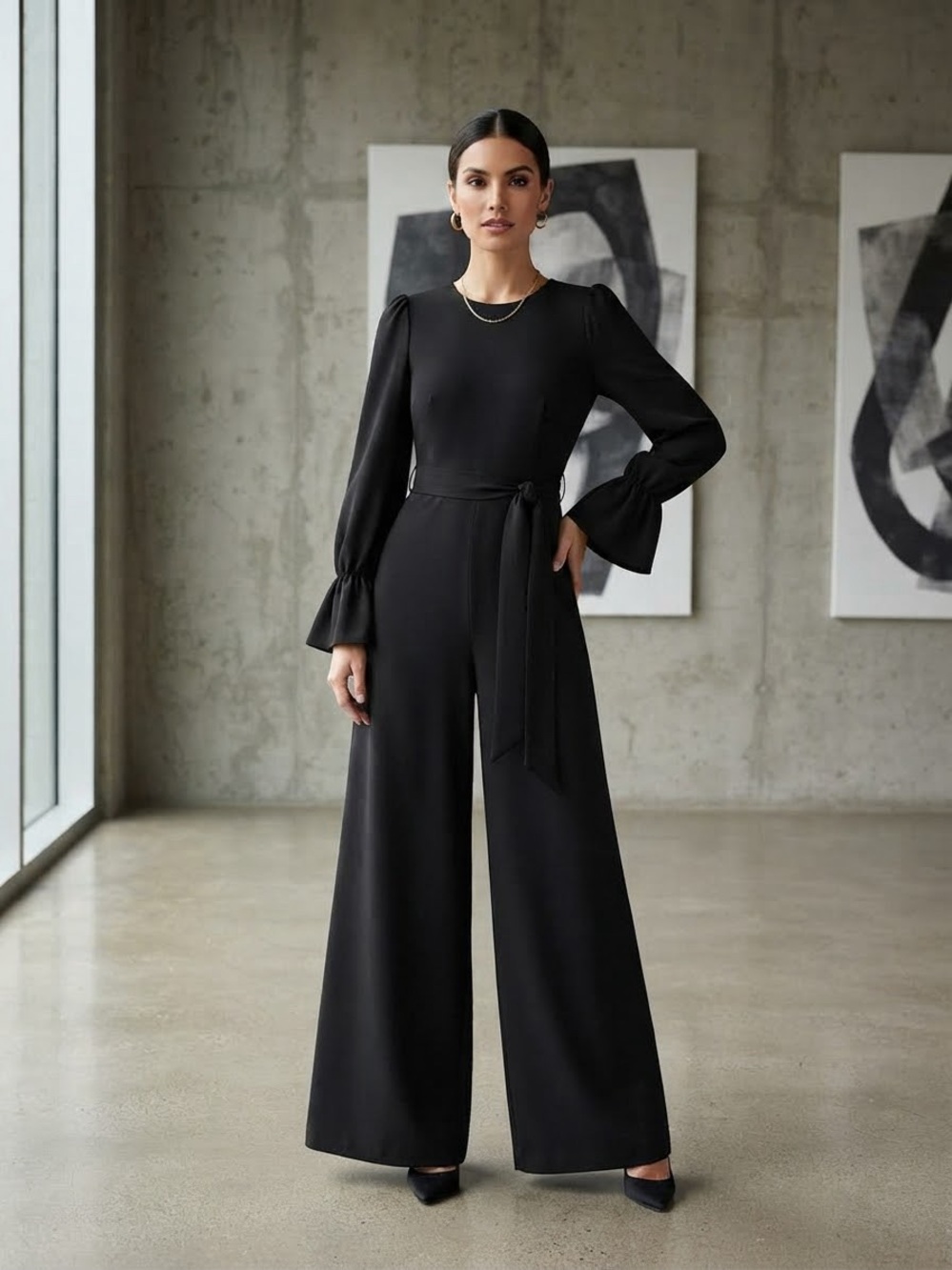 Calvin Klein Black Long-Sleeve Wide-Leg Jumpsuit with Self-Tie Waist